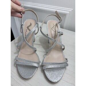 Nina “Sissy” Silver Glitter High Heel Sandals – Women’s Size 7.5 – Prom Shoes